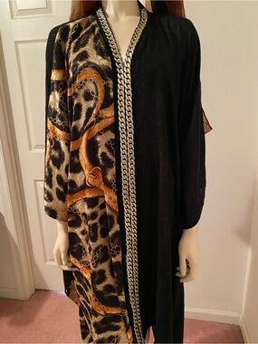 Malachite Black Satin Caftan with Branded chain. Made in Dubai